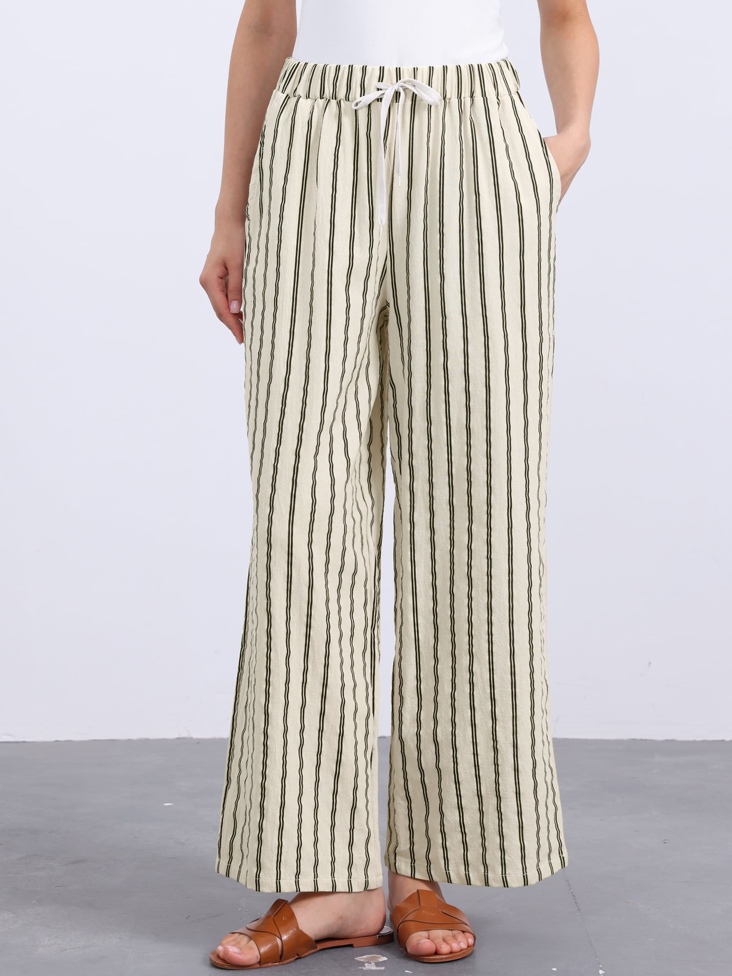 DARING DIVA Women's Stripe Casual Drawstring Wide Leg High Waist Pants XS Beige