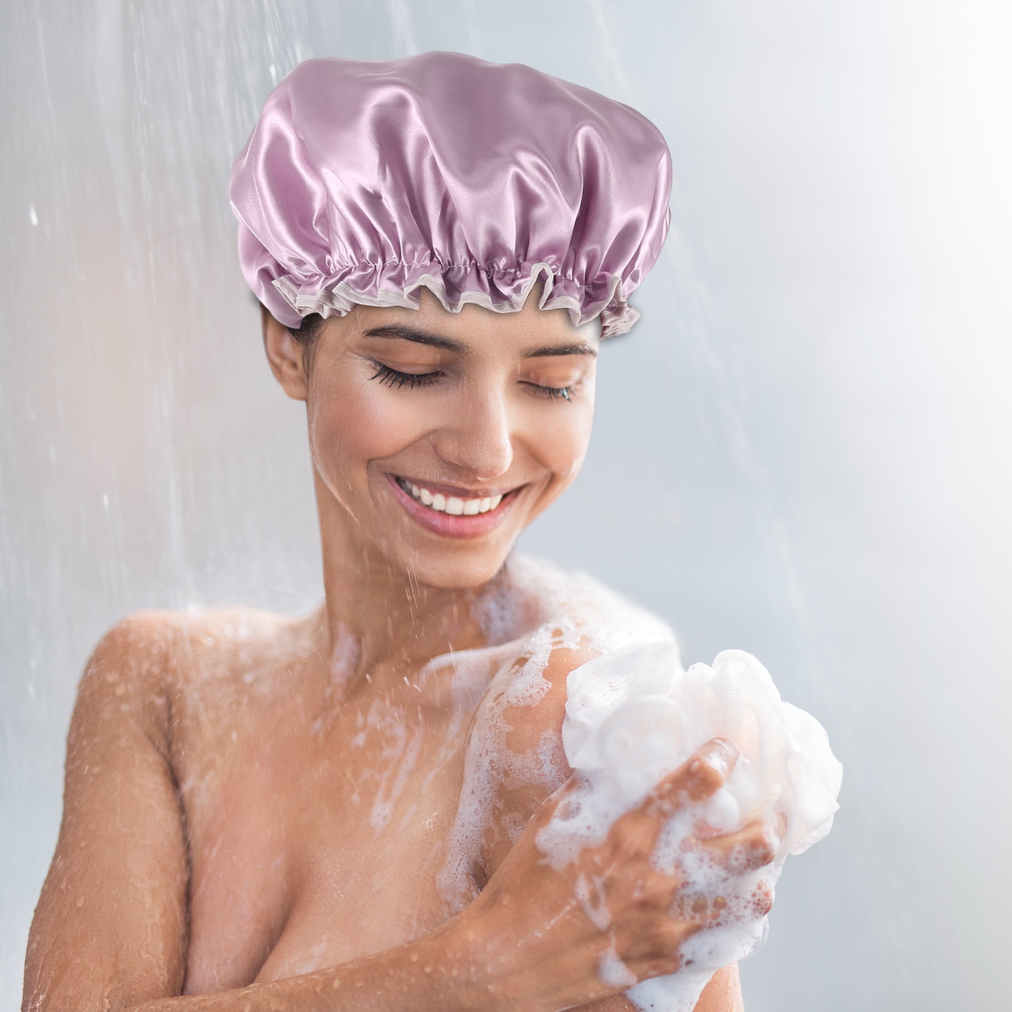 Unique Bargains 3 Pcs Women's Reusable Waterproof Shower Cap Pink Champagne Gray