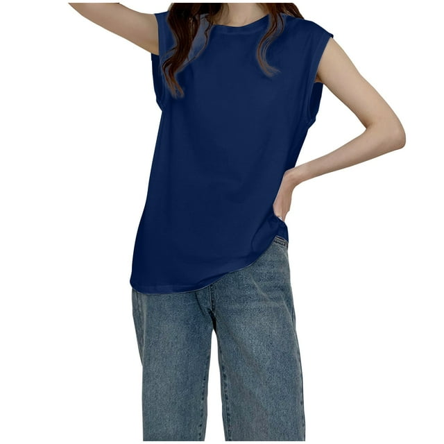 Timegard Hauts d'Été pour Femmes Manches Courtes Col Rond Tee-Shirts Athlétiques Décontractés Amples Couleur Unie