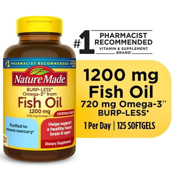 Nature Made Burp Less Omega 3 Fish Oil 1200 mg Softgels, Fish Oil Supplements, 125 Count