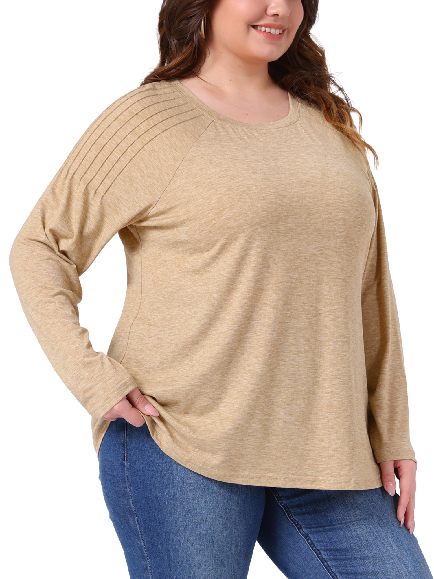 Women's Plus Top Long Sleeve Crew Neck Pleated Shirts Loose Fit Tunic Tops 4X Khaki