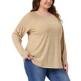 thumbnail image 2 of Women's Plus Top Long Sleeve Crew Neck Pleated Shirts Loose Fit Tunic Tops 3X Khaki, 2 of 6