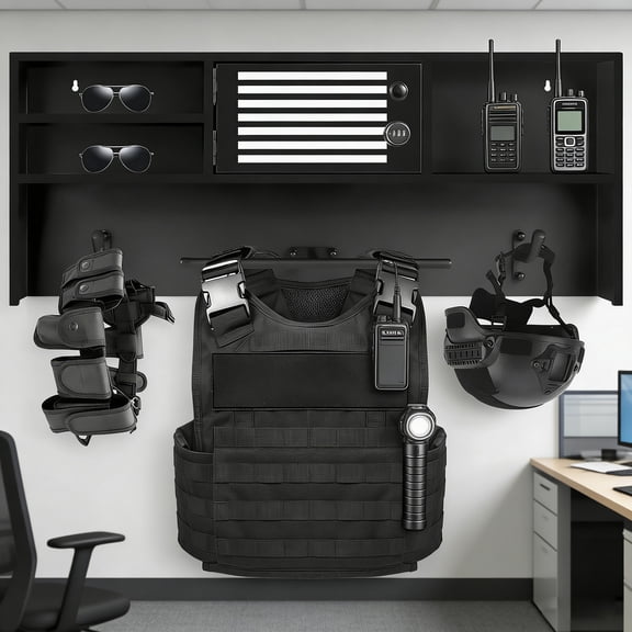 Police Wall Rack, Police Gear Rack, Tactical Gear Racks - Black Powder Coated Wall Mounted with Hooks, 140 LBS Capacity for Security Department
