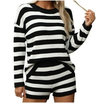 qolati Women's 2 Piece Sweater Set Stripe Patchwork Printed Crew Neck Long Sleeve Pullover Tops Lounge Shorts Sets Pajamas Matching Outfits Y2k Fall Tracksuit