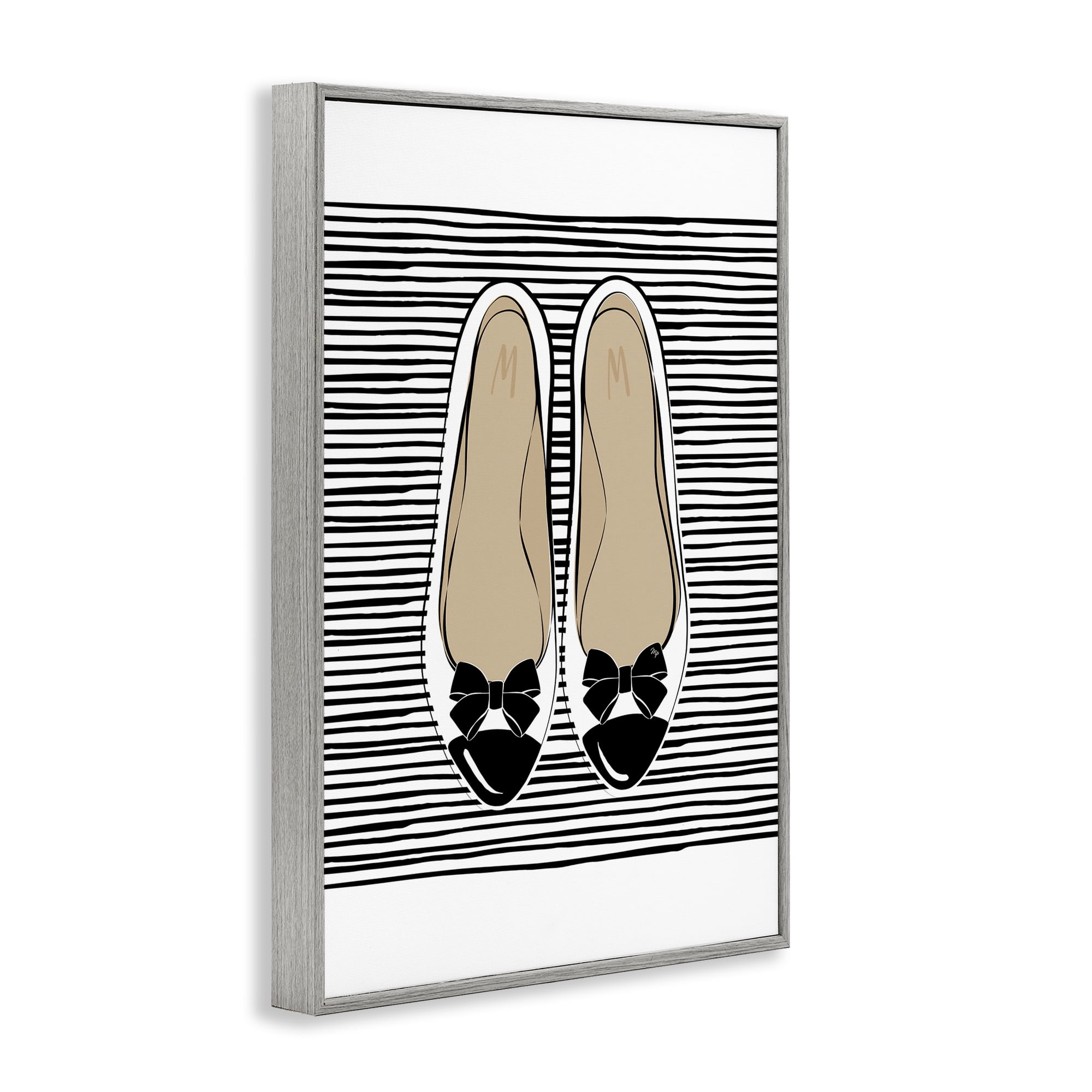 Stupell Industries Bow Flats on Stripes Beauty & Fashion Painting Gray Framed Art Print Wall Art, 16 x 24