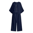 thumbnail image 7 of BRELIL Women Plus Size Two Piece Set Round Neck Batwing Sleeve Tops Wide Leg Pants Casual Loungewear Solid Boho Vacation Outfits Loose Travel Tracksuit, Navy 2XL, 7 of 7