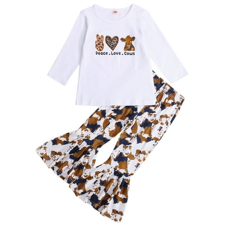 

Sunisery 2PCS Toddler Baby Girls Fall Outfits Cartoon Print Long Sleeve Tops Flare Pants White 4-5 Years