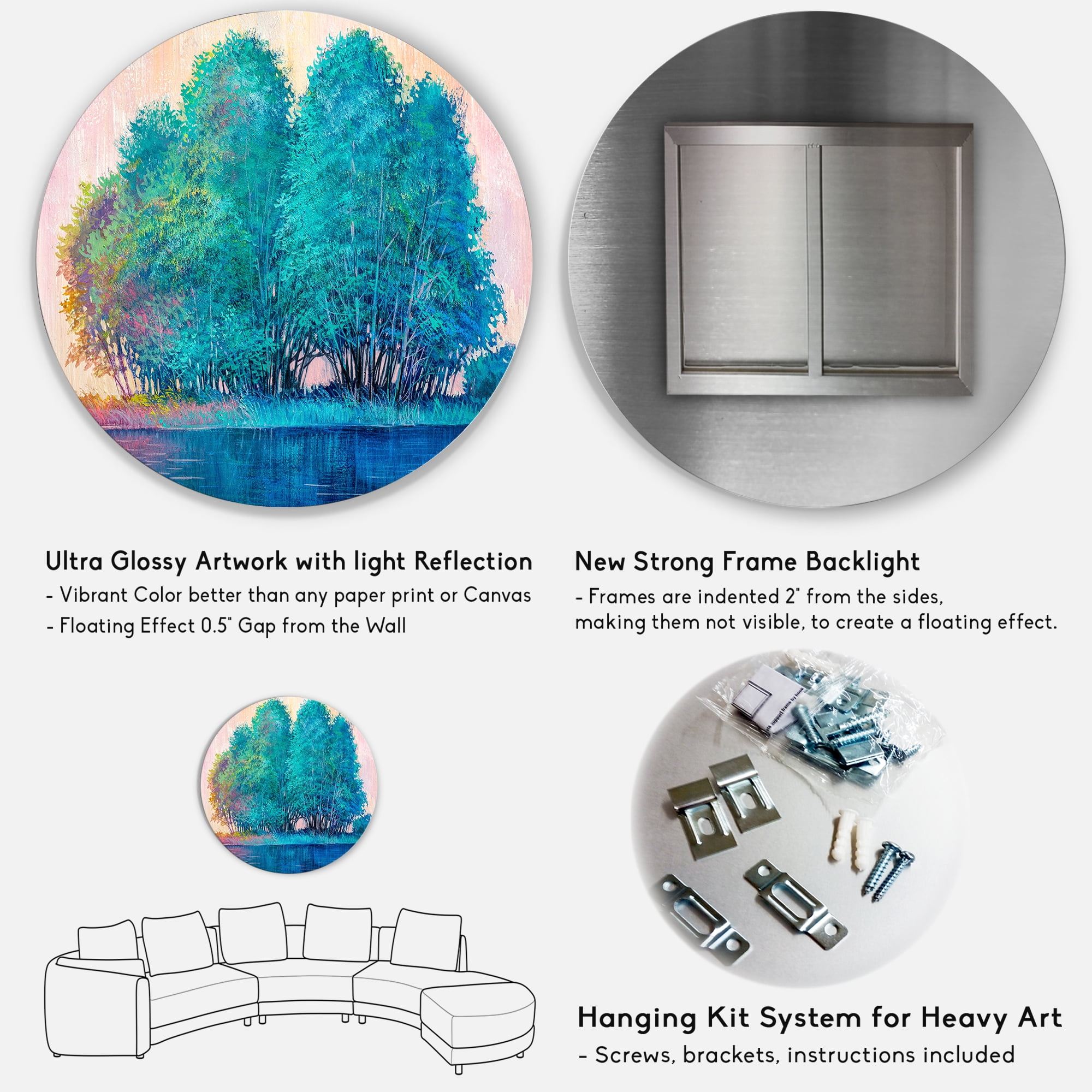 Designart 'Blue Coloured Tree Impression By Lakeside' Lake House Circle Metal Wall Art 36x36 - Disc of 36