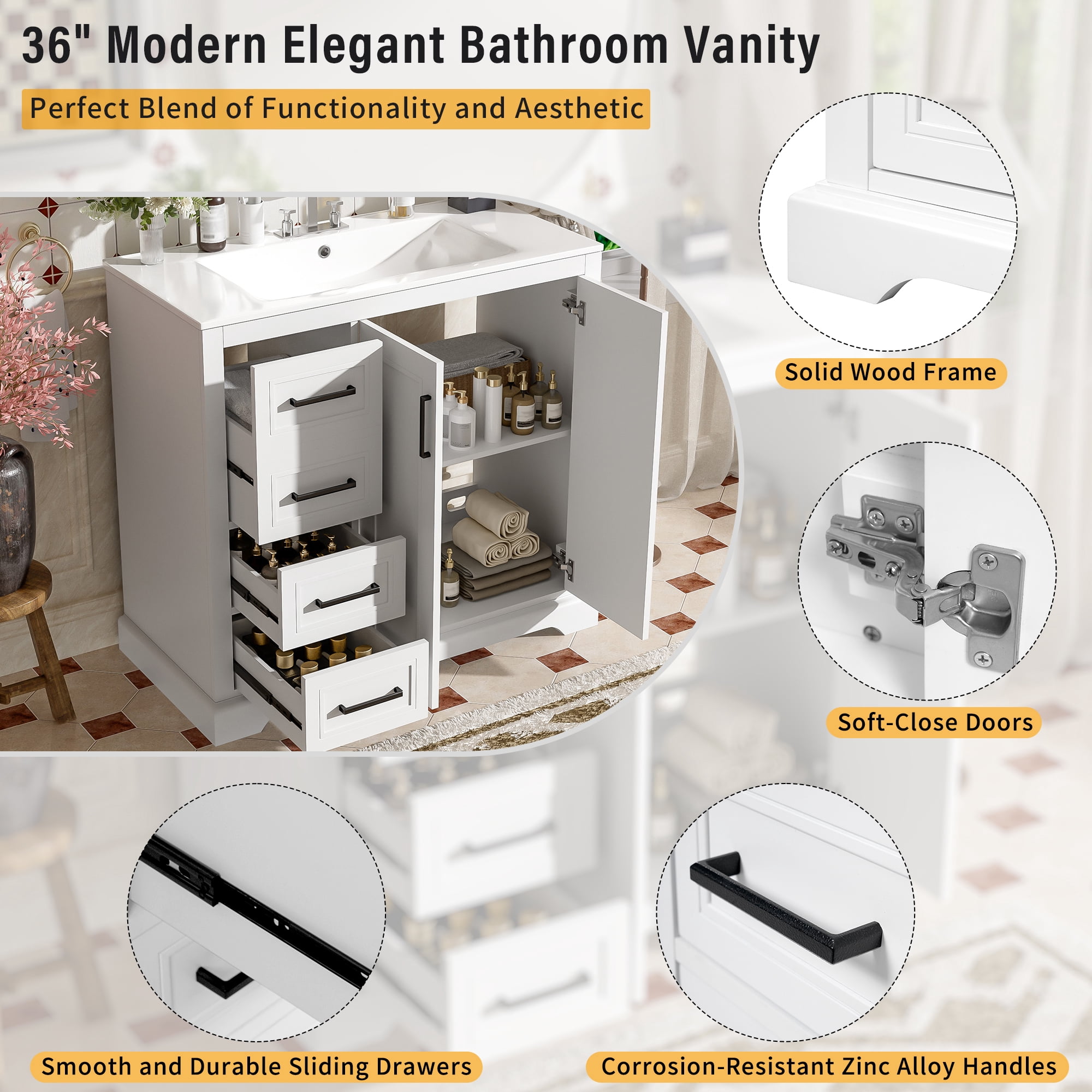 Euroco 36" Modern Bathroom Vanity with Premium Ceramic Sink, Soft-Close Doors, Zinc Alloy Handles, and Ample Storage for Organized Living