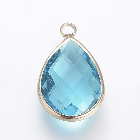 5pcs Glass Pendants with Brass Findings Faceted Drop Light golden Sky Blue 14x7.5x4mm Hole: 1.8~2.3mm
