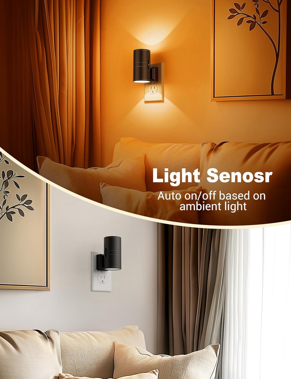 RGHJAR-Amber Night Lights Plug into Wall, Dimmable Night Light Plug in, Modern Night Lights Auto On/Off, Amber Night Light 2000K, 0-100LM Adjustable Brightness Nightlight for Hallway Bedroom, 2 Pack