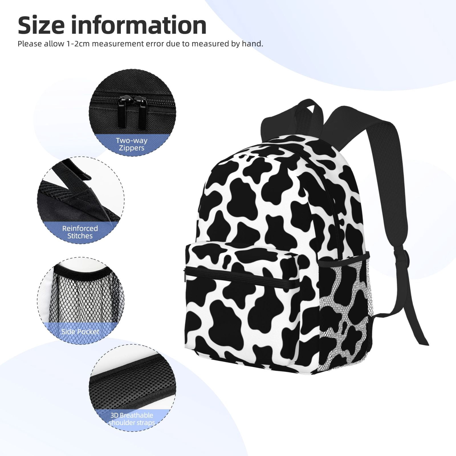 Kuqiui Backpack for Men and Women – Durable Lightweight Travel Backpack with Laptop Compartment, School & Work Daypack-Cow Print Black White