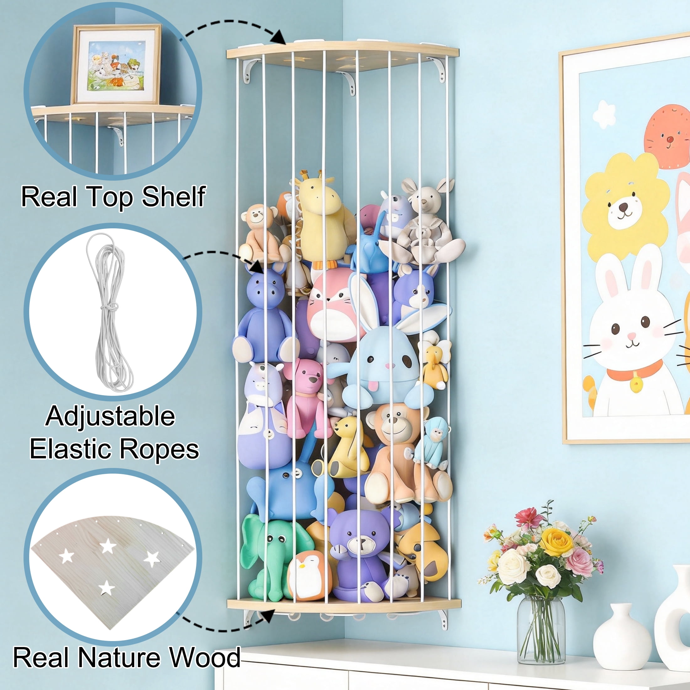 GARITIN Corner Stuffed Animal Storage, Adjustable Plush Toy Holder for Kids Bedroom Playroom Nursery