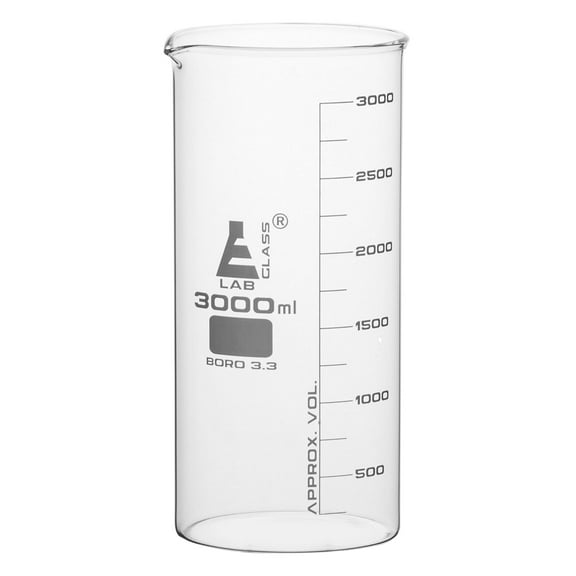 Beaker, 3000ml - Tall Form with Spout - White, 250ml Graduations - Borosilicate 3.3 Glass - Eisco Labs