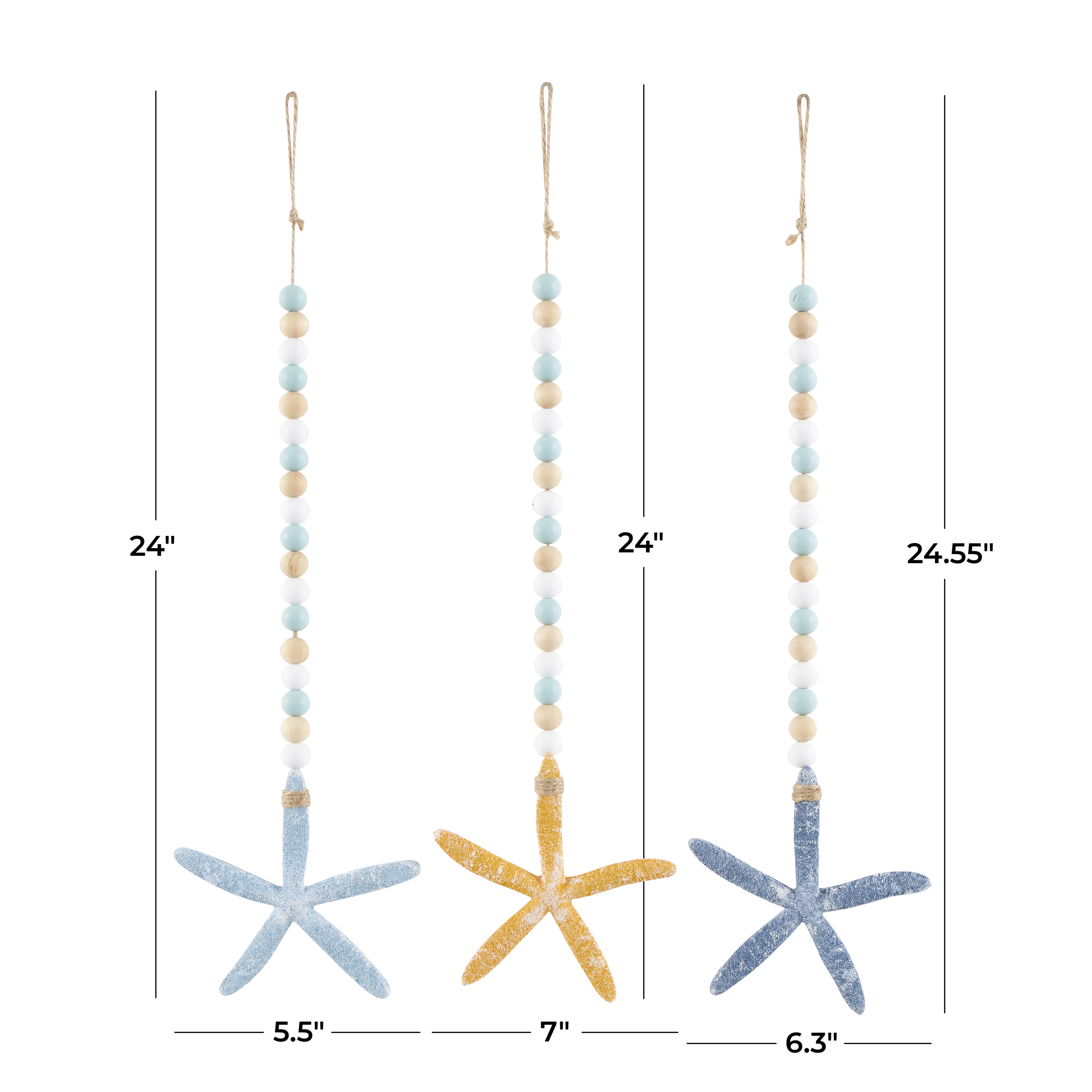 DecMode Blue Wood Handmade Textured Starfish Wall Decor with Long Beaded Hanging Rope (3 Count)