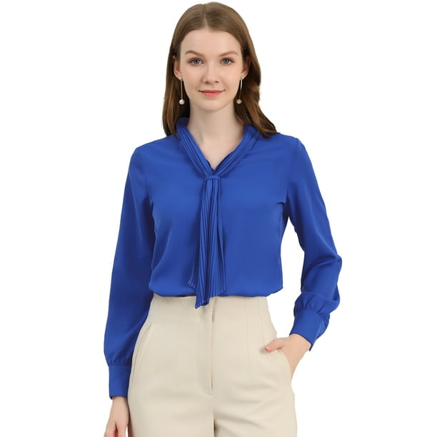 Allegra K Women's Elegant Work Office Long Sleeve Pleated Tie Neck Shirt 