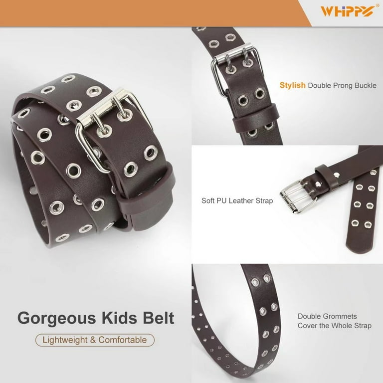 WHIPPY Kids Double Grommet Leather Belt for Girls Boys, Studded