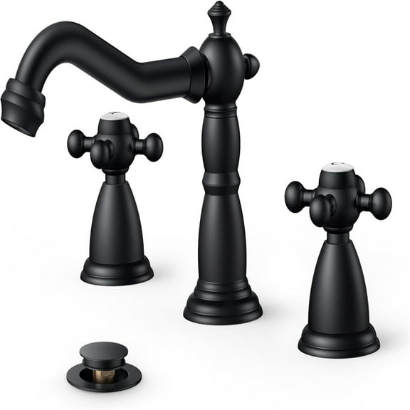 Matte Black 3 Hole Brass Vintage Farmhouse Bathroom Faucet, 8 Inch Widespread Bathroom Faucets 2 Cross Handles with Metal Pop Up Drain and Supply Hoses, for RV Vanity