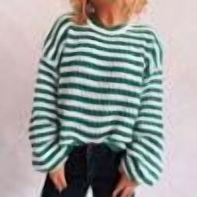 PEONAVET Chandail Col Rond pour Femmes Manches Longues Col Rond Rayé Imprimé Décontracté Tricot Ample