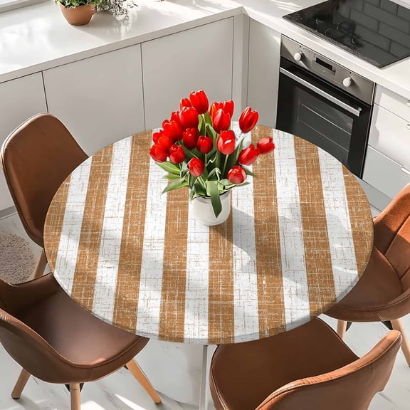 Farmhouse Brown Stripe Round Fitted Tablecloth with Elastic Edge,Waterproof Table Cloth Fits 36"-44"Tables,Wipeable Washable Table Cover for Indoor Outdoor Dinning Party,Vintage Line Linen Texture