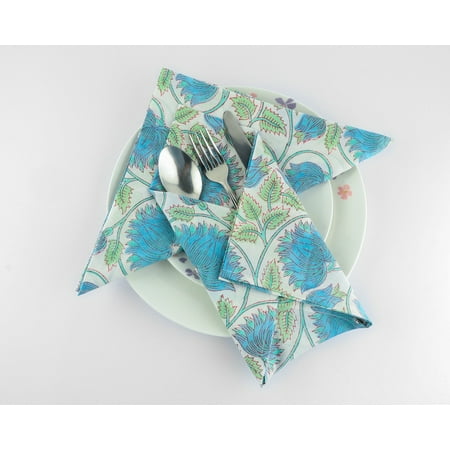 

Cornflower Blue Russian Green Indian Floral Hand Block Printed Pure Cotton Cloth Napkins 9x9 -Cocktail Napkins 20x20 - Dinner Napkins