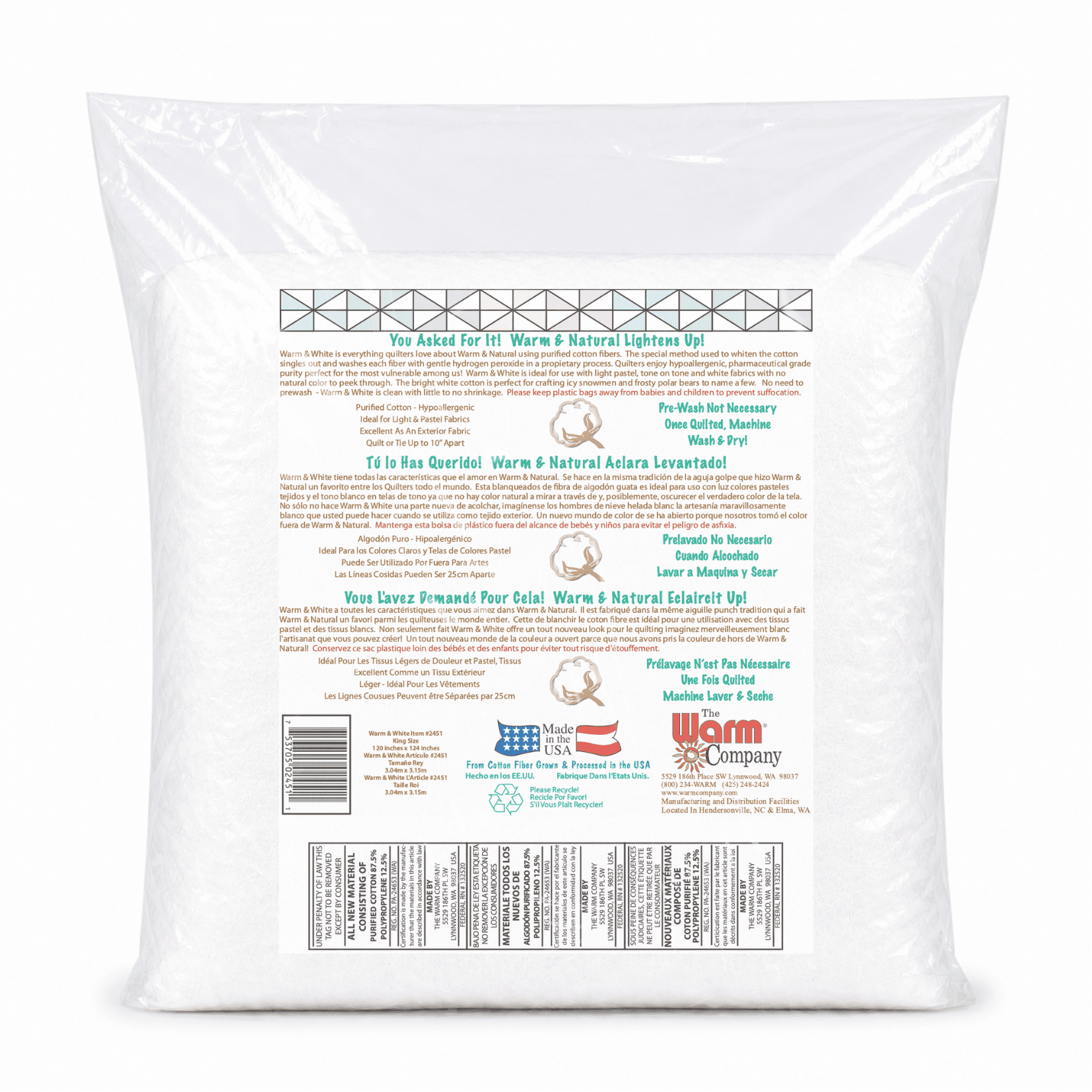 Warm & White Cotton Batting King Size 120'' x 124'' Precut