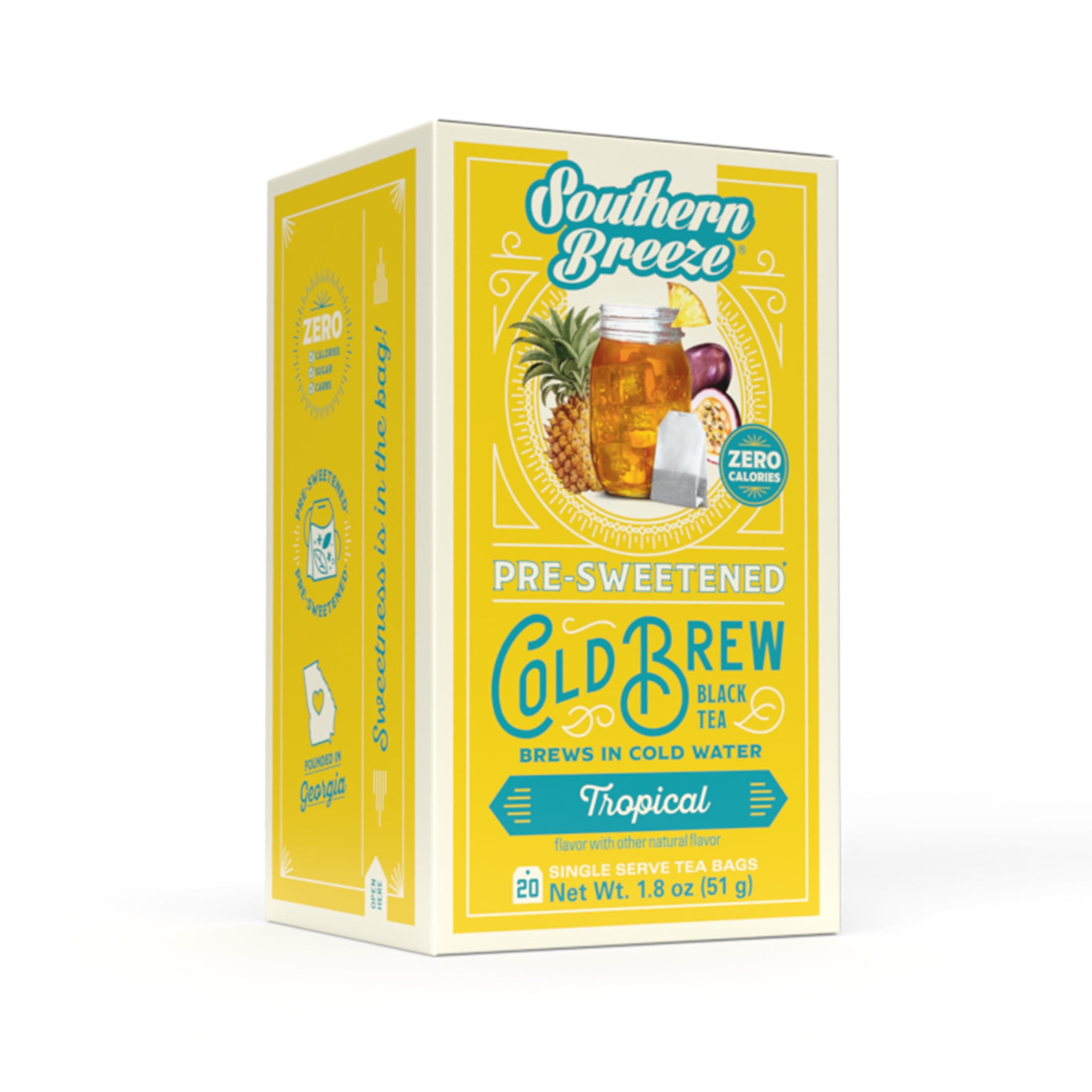 Southern Breeze Cold Brew Sweet Tea Variety Pack Iced Tea with Black Tea and Zero Carbs Zero Sugar, 20 Individually Wrapped Tea Bags, Pack of 4 Strawberry, Peach, Raspberry and Tropical