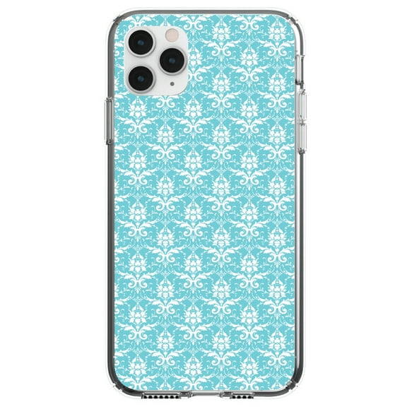 DistinctInk Clear Shockproof Hybrid Case for iPhone 13 Pro MAX (6.7" Screen) - TPU Bumper, Acrylic Back, Tempered Glass Screen Protector - Baby Blue White Damask Pattern - Floral Damask Pattern