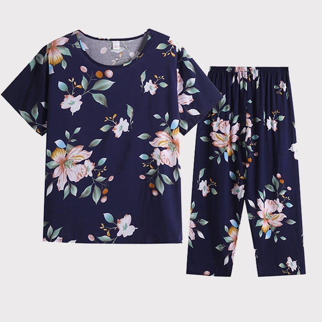 DPTALR Pyjama d'Été Décontracté pour Femmes Ensemble Deux Pièces Manches Courtes Col Rond Haut/chemise Ensemble Coton Soie Grande Taille Confortable Respirant Pyjama