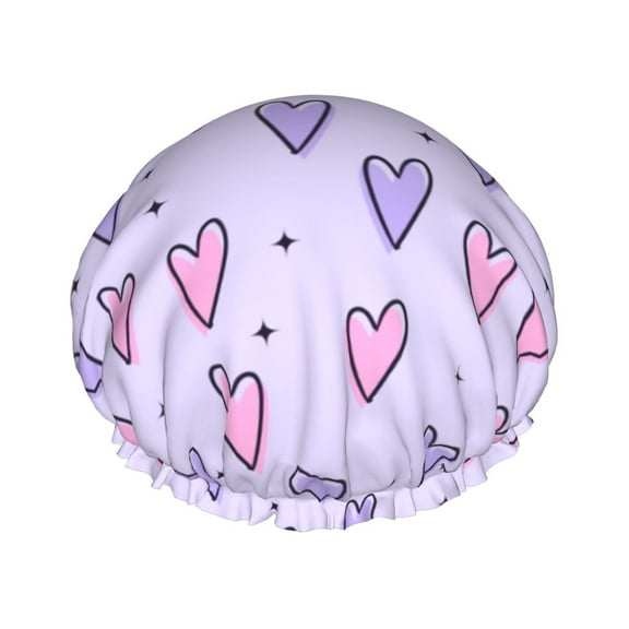 YFYANG Women's Double Waterproof Shower Cap, Purple Heart Pattern Reusable Hair Cap for All Hair Styles and Head Sizes