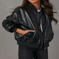 thumbnail image 3 of Women Leather Jacket  Long Sleeve Zipper Closure Bomber Jacket, 3 of 9