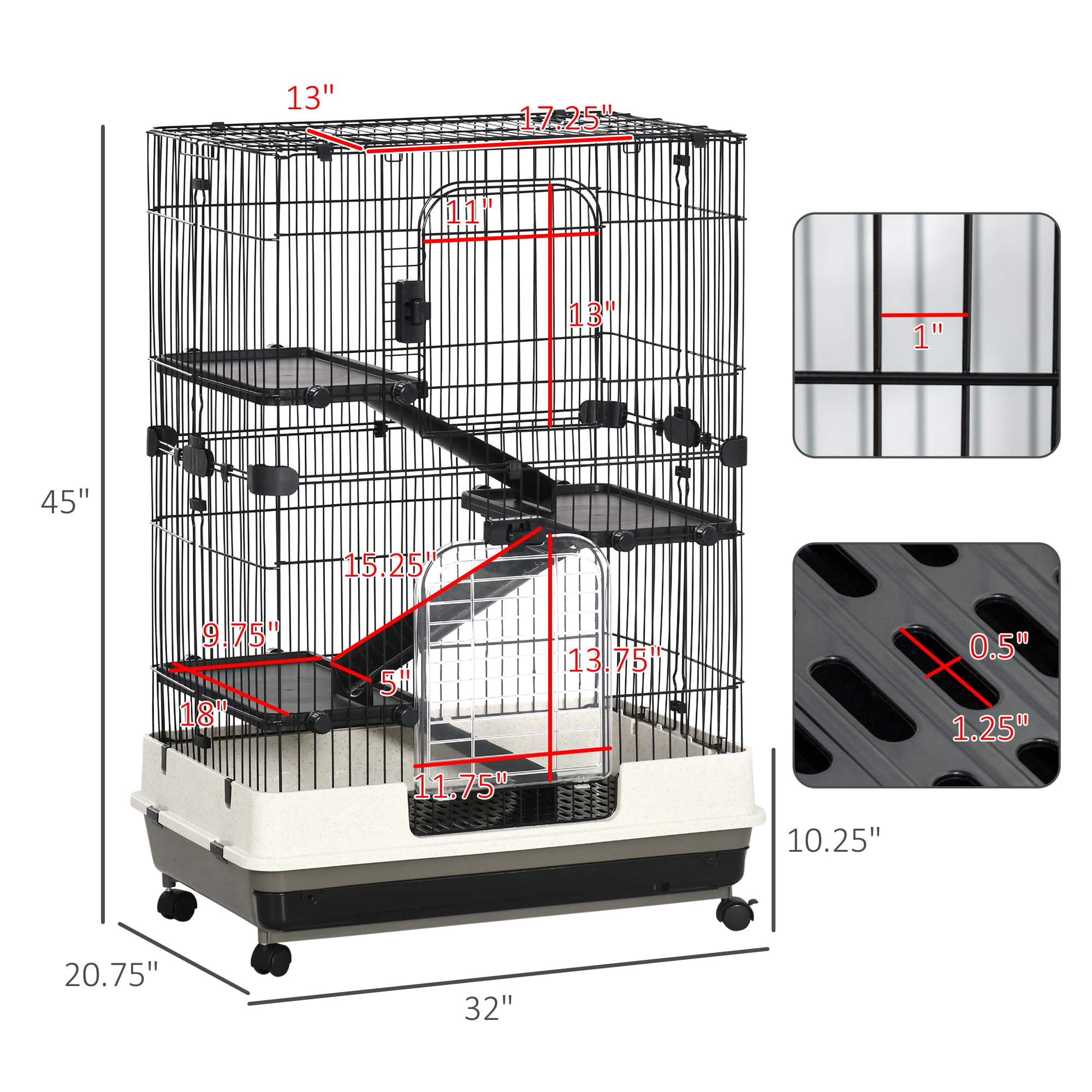 Pawhut 32”L 4-Level Indoor Small Animal Hamster Cage with Wheels, Black