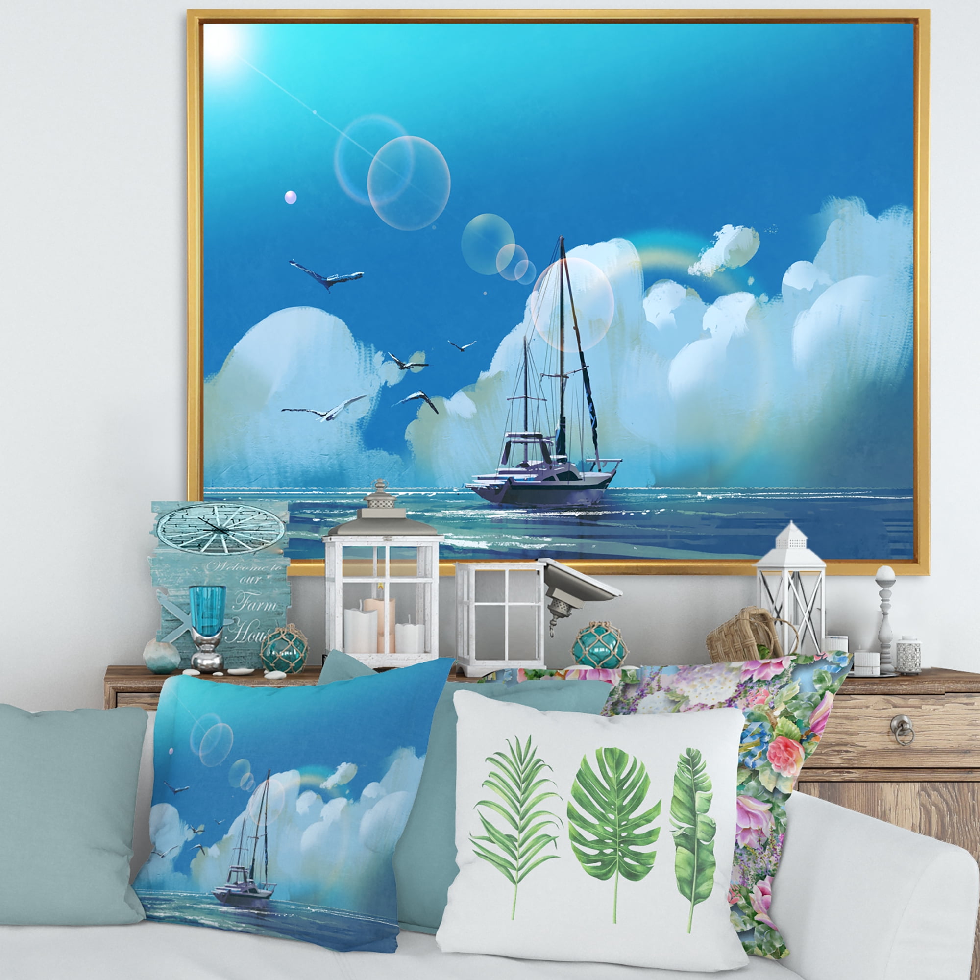 Designart 'The Sailboat On The Blue Sea Against Summer Clouds Sky' Nautical & Coastal Framed Canvas Wall Art Print