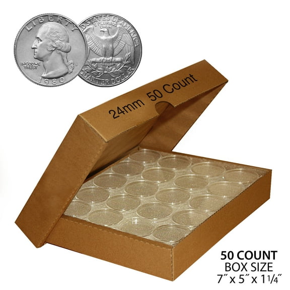 50 QUARTER Direct-Fit Airtight 24mm Coin Capsule Holder QUARTERS QTY: 50 w/ BOX