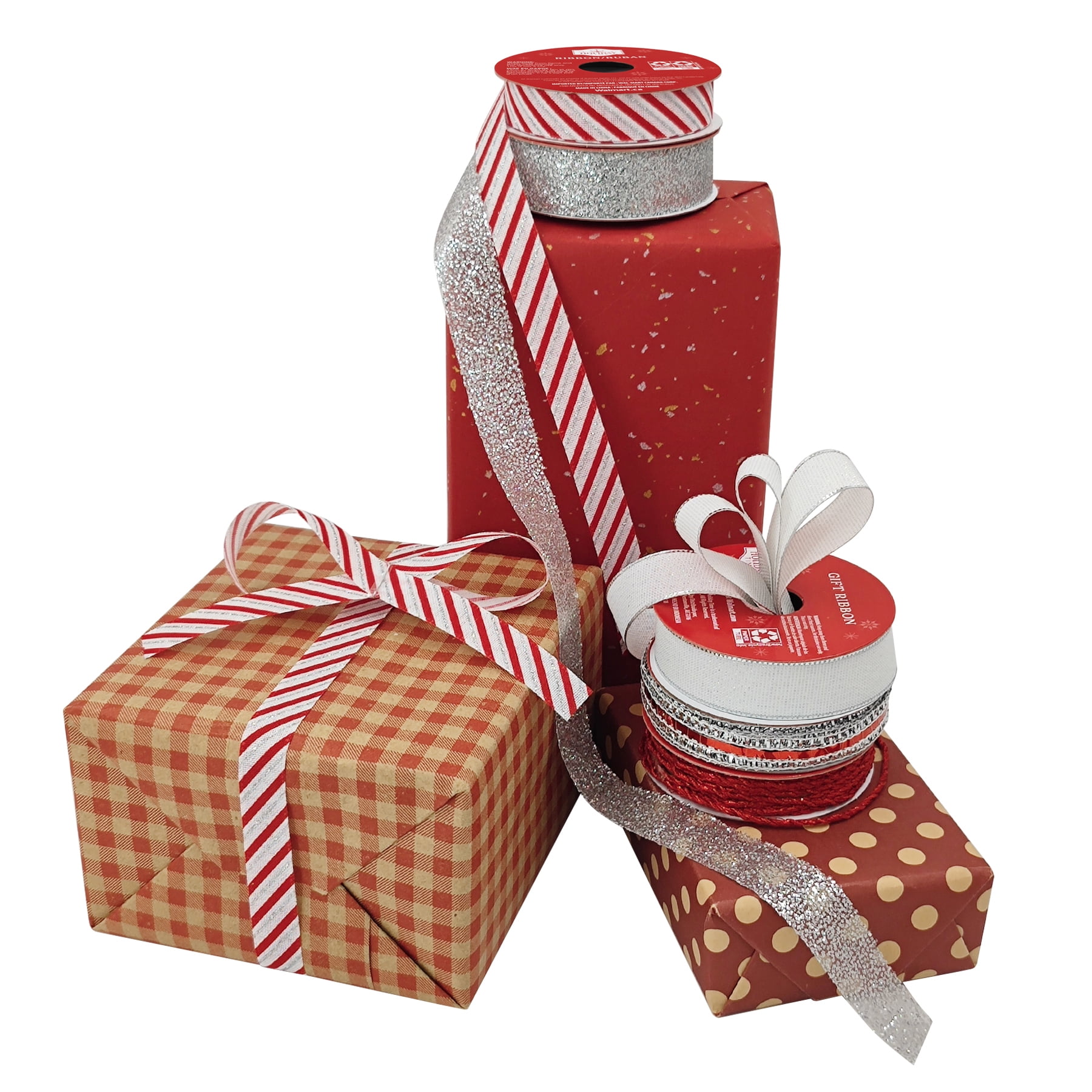 Holiday Time Red/Silver Polyester Christmas Ribbon Assortment, 5 Count, RED SILVER RBN SET