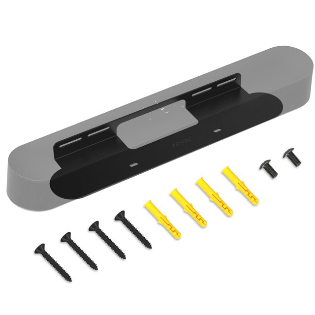 soporte de barra de sonido compatible con yantuo para sonos beam Soporte de pared de acero negro, vista frontal centrada con ranuras superiores y dos pestillos para fijar Sonos Beam Gen 1/Gen 2, espacio trasero para gestionar cables y kit visible de tornillos y tarugos; también apto para barras de sonido similares.