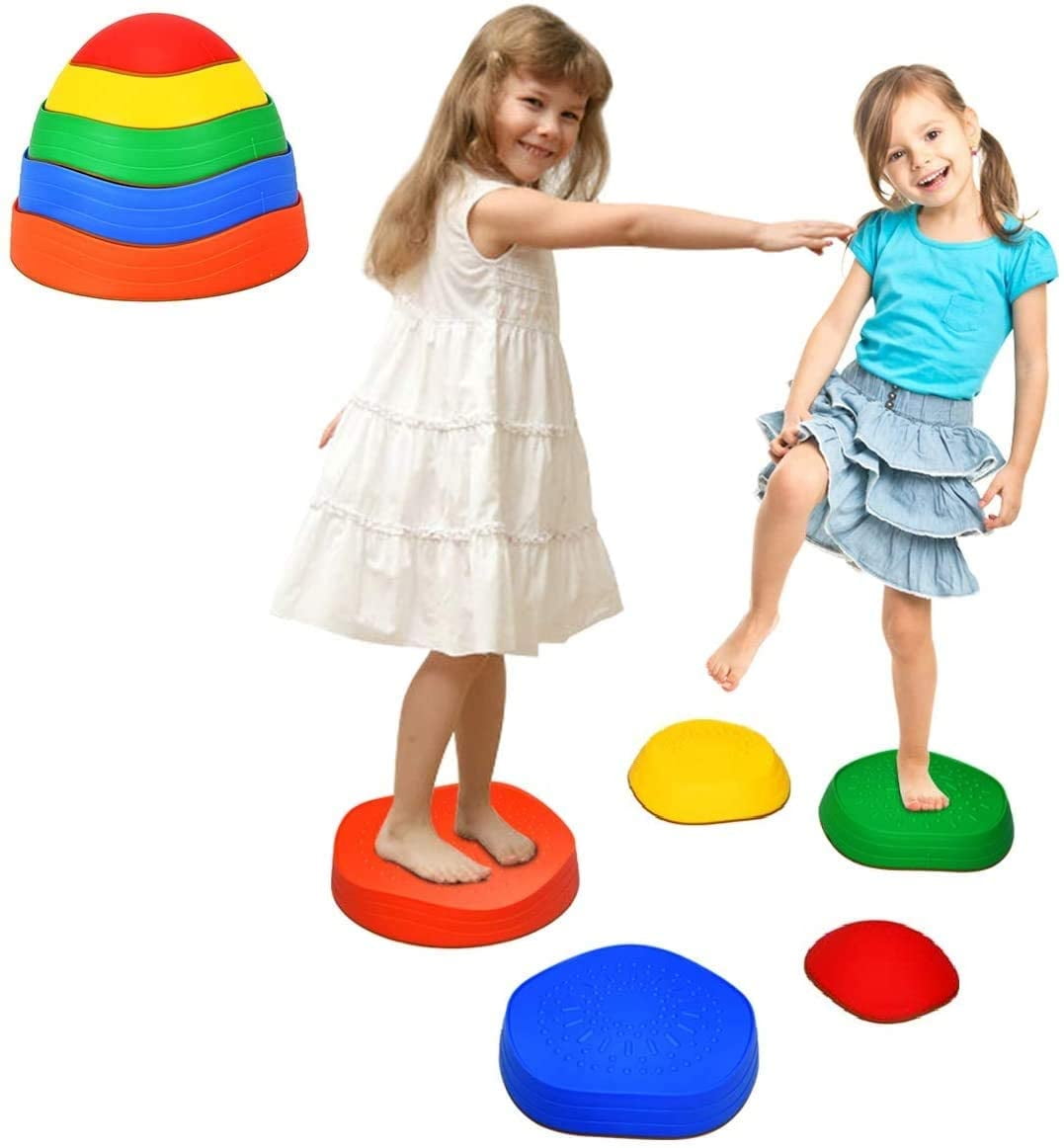 Kids Balance Stepping Stones,5 Wave Balance Blocks,Rainbow Crossing River Stone Toy Promote Coordination,Early Educational Toys for Boys Girls