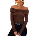 thumbnail image 3 of TKLPEHG Long Sleeve Shirts for Women Crew Neck Slim Off Shoulder Top Casual Fashion Solid Color Fall Tops Comfy Lightweight Pullover (Coffee,XL), 3 of 8