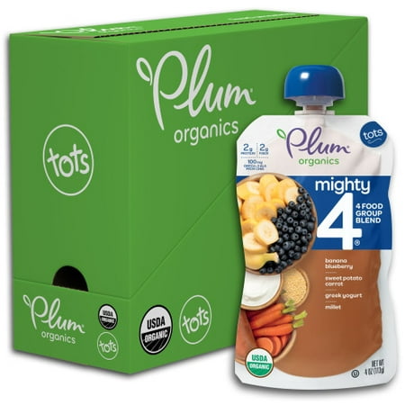 Plum Organics Mighty 4, Organic Toddler Food, Banana, Blueberry, Sweet Potato, Carrot, Greek Yogurt & Millet, 4oz Pouch (Pack of