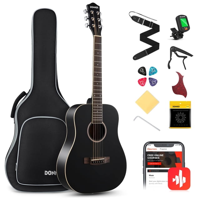 Donner Guitarra acústica para principiantes adultos 36 pulgadas Dreadnought tamaño 3/4 paquete de guitarra negra paquete kit de viaje, madera de abeto con bolsa de transporte Capo Tuner Correa cuerda