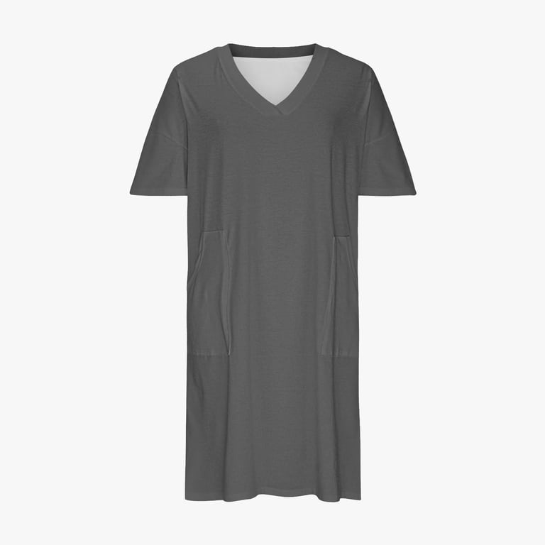 Atogsazn Women Casual T-Shirt Dress V Neck Short Sleeve with Front Two Pockets Solid Color Oversize Dresses 01-Dark Gray Xxxl