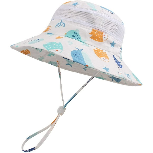 Chapeau de Plage pour Bébé Fille en Maille pour Bambin d'Été Chapeaux de Plage Seau Réglable UPF 50+ (Poisson B-Blanc, 48cm)