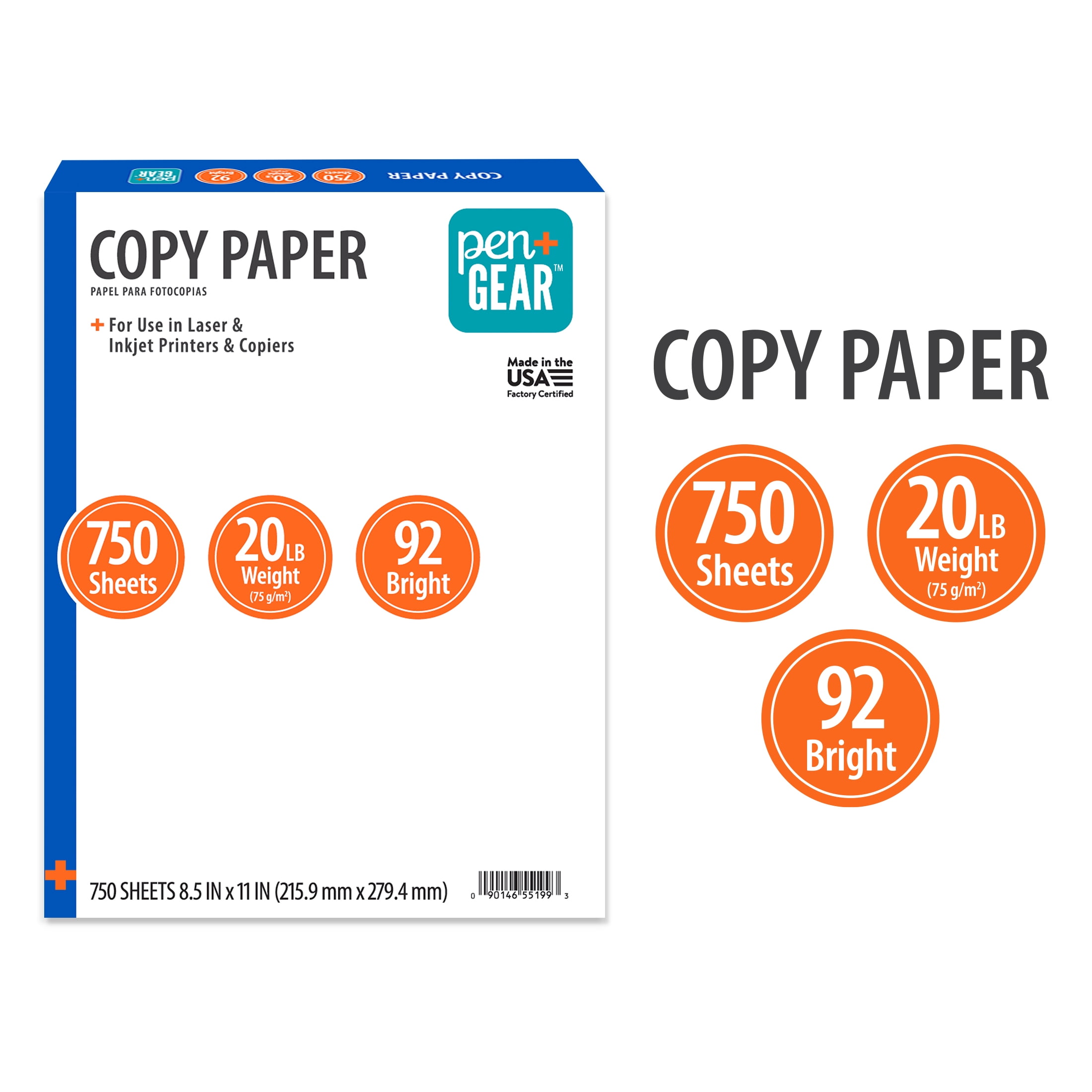 Pen+Gear Copy Paper, White, 8.5" x 11", 20 lb., 92 Bright, 1 Ream (750 Sheets)