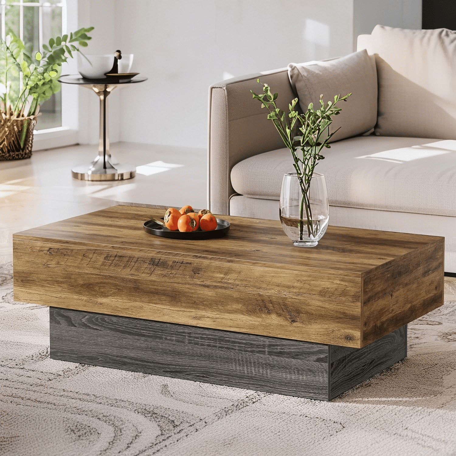 Tribesigns 55-Inch Farmhouse Wood Coffee Table, Large Rectangle Rustic Brown & Grey Tea Table for Living Room