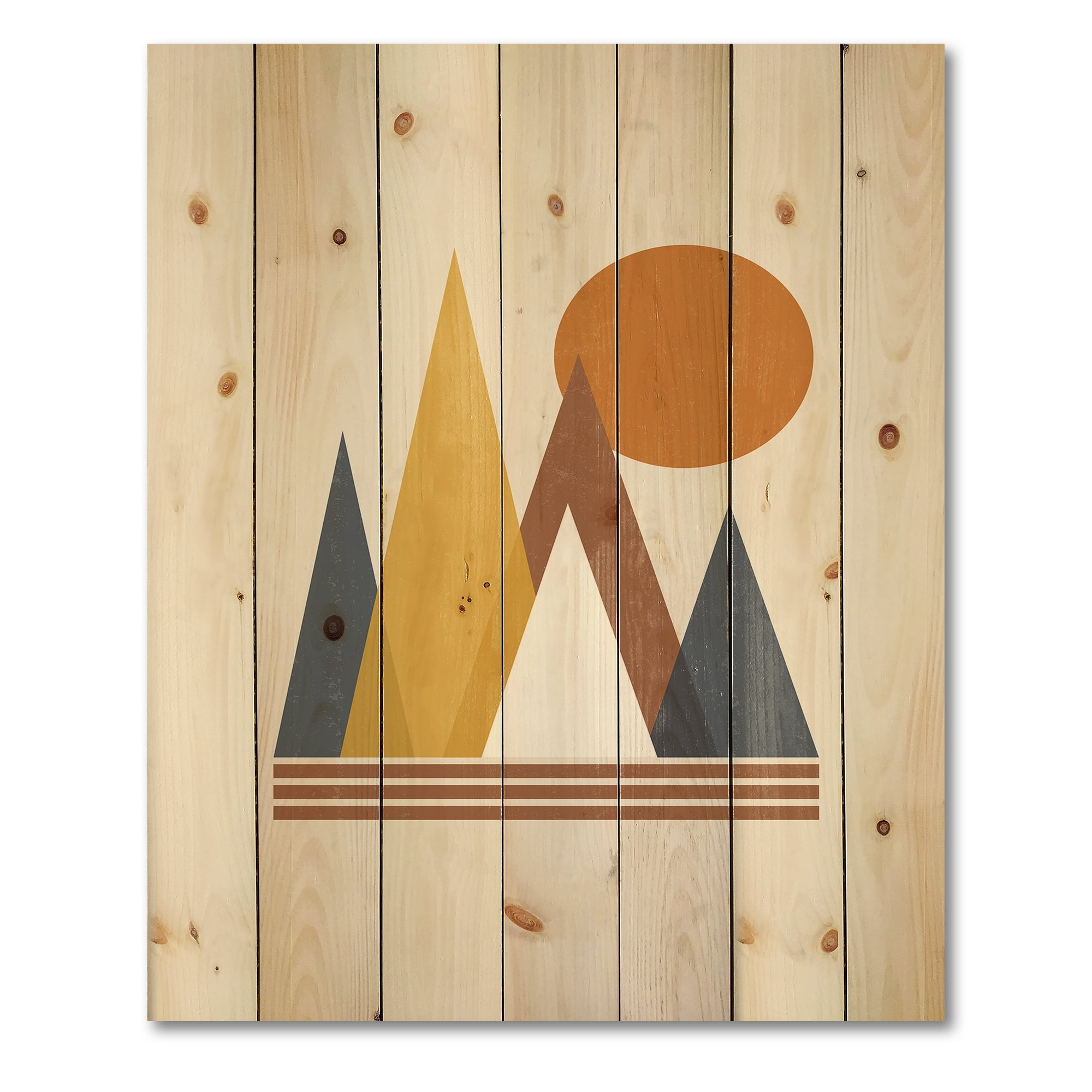 Designart 'Sun and Mountain Abstract' Modern Print on Natural Pine Wood