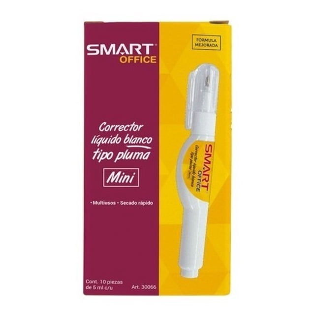 corrector líquido blanco pluma mini caja con 10 piezas smart — caja vertical amarillo y vino tinto con un aplicador tipo pluma blanco y tapa translúcida; empaque indica 'Mini', 'Secado rápido' y contenido 10 piezas de 5 ml. A menudo se usa para correcciones rápidas en papelería y cuadernos.