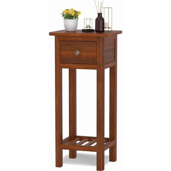 GORELAX Narrow End Table, Tall Nightstand with Drawer & Shelf, Small Bedside Table w/Anti-Tipping Device, No Assembly, Wooden Small Sofa Side Table for Small Space, Living Room, Bedroom (1, Natural)