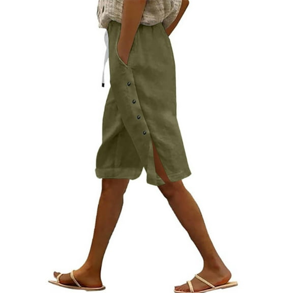 Qulqfy Cotton Linen Womens Pants 2025 Green Casual Comfort High Waisted Drawstring Solid Capris Trousers for Ladies L