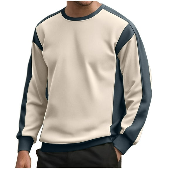 Lorytime Oversized Sweatshirt for Men Color Block Pullover Crew Neck Long Sleeve Raglan Tops Outerwear Beige 3XL