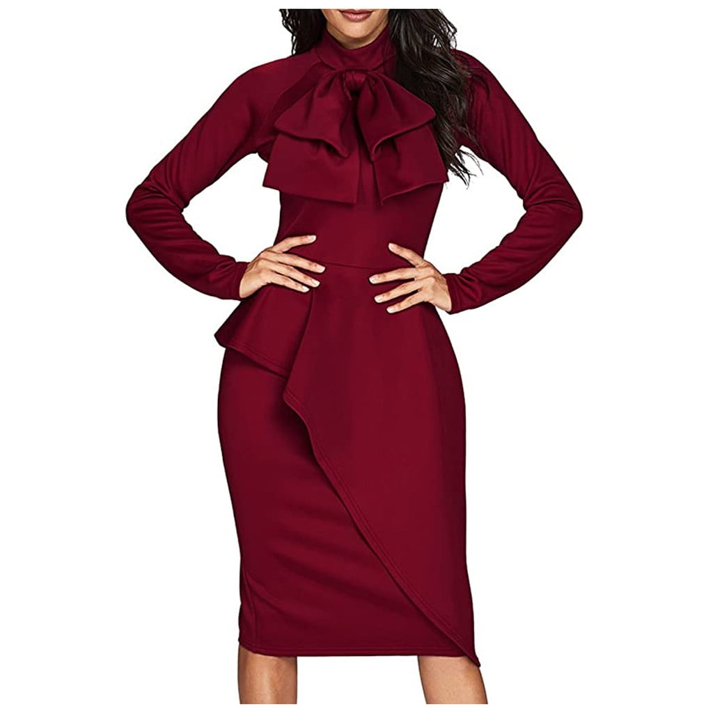 Tangnade Dress for Women Bow Tie Neck Long Sleeve Peplum High Waist Slim Fit Office Work Dress Wine XXL, Women's, Size: 2XL